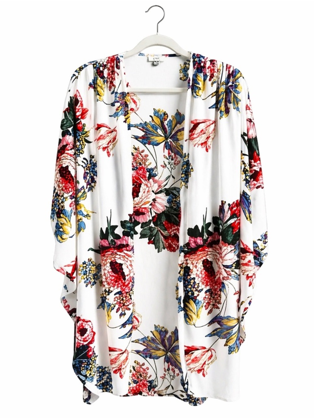 Umgee Floral Trim Open Kimono in White with Multicolor Blooms-M/L